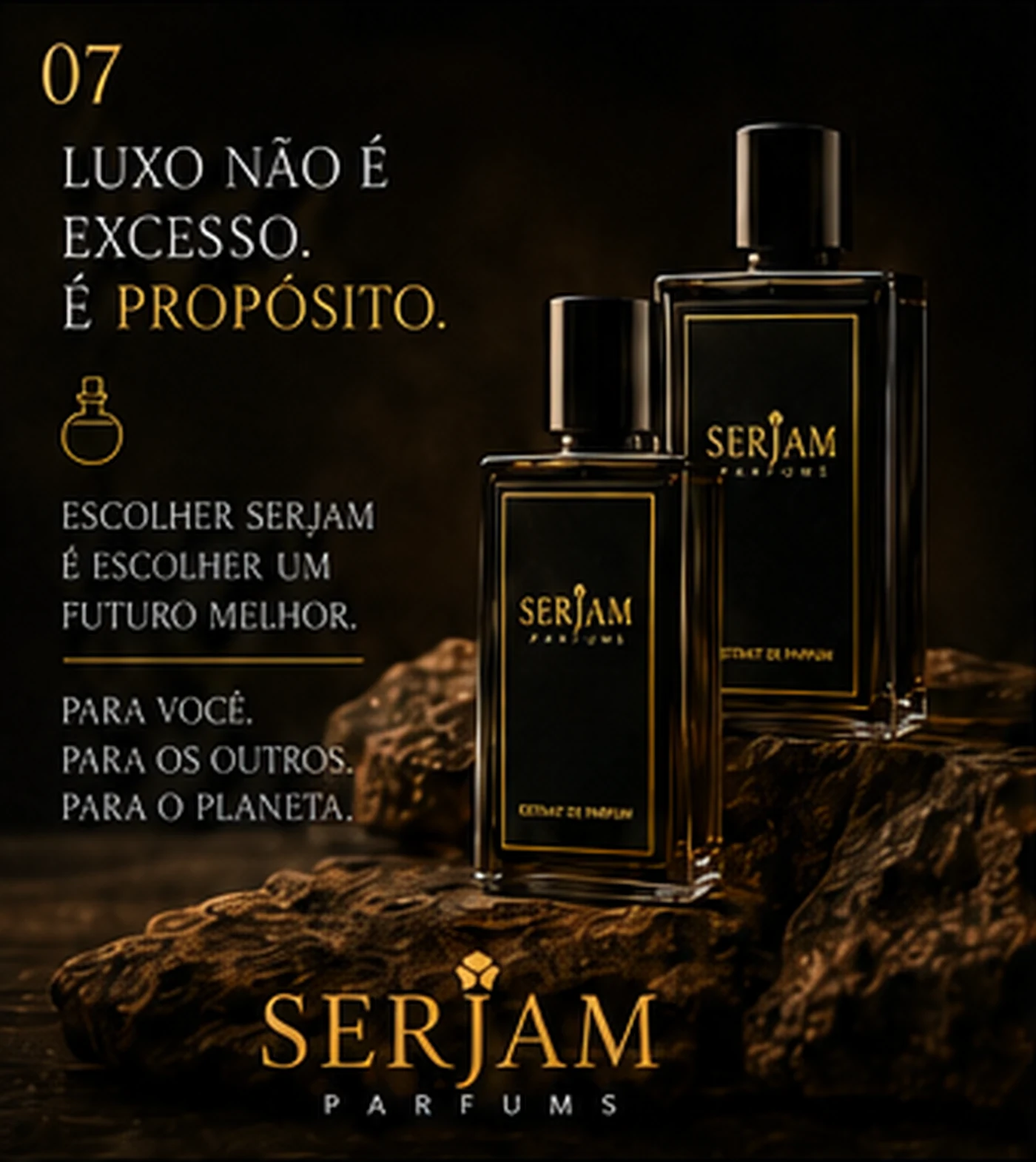 Frascos escuros SERJAM PARFUMS em composição rústica e luxuosa
