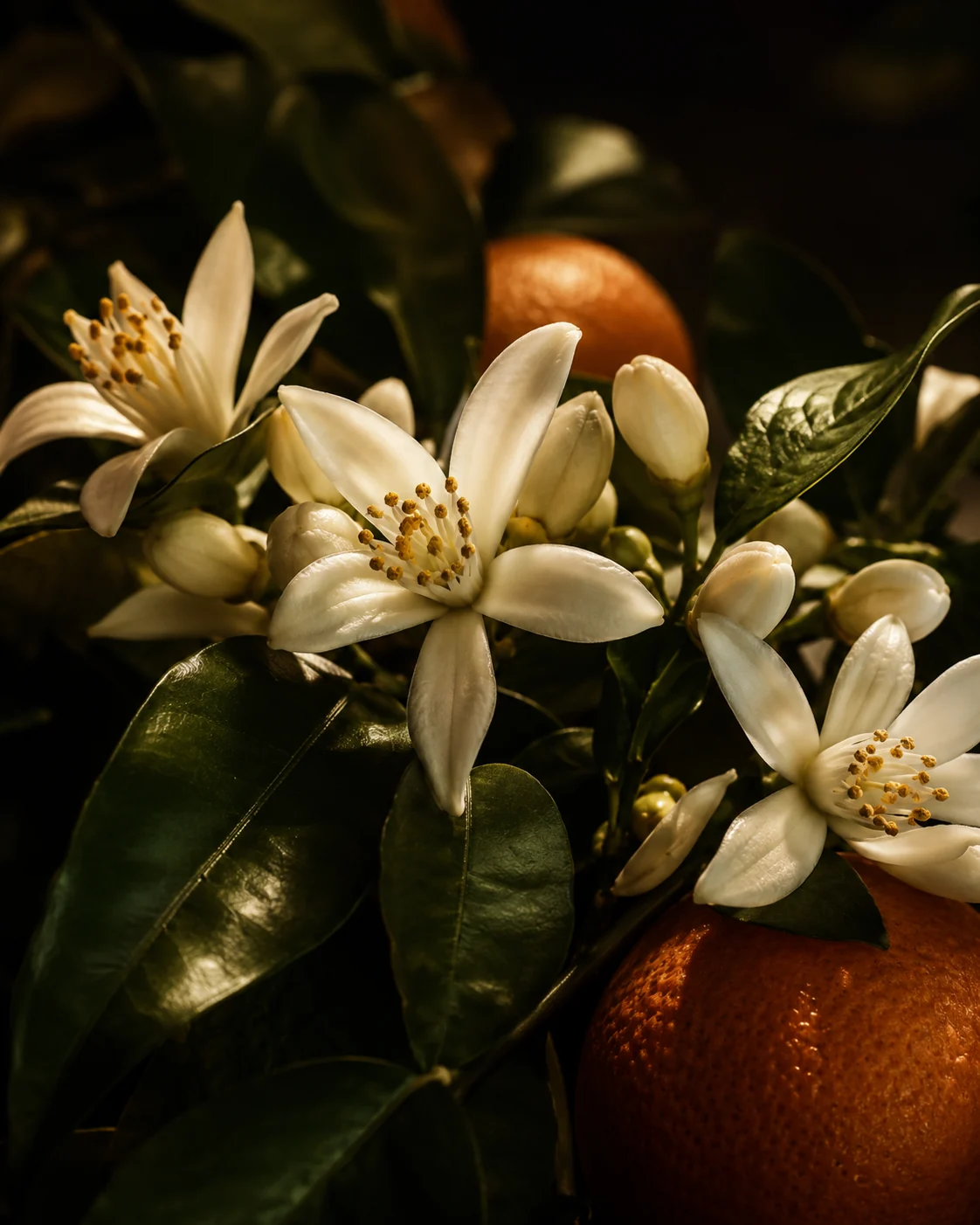 Flores de neroli com folhas verdes e frutos cítricos em composição escura e sofisticada