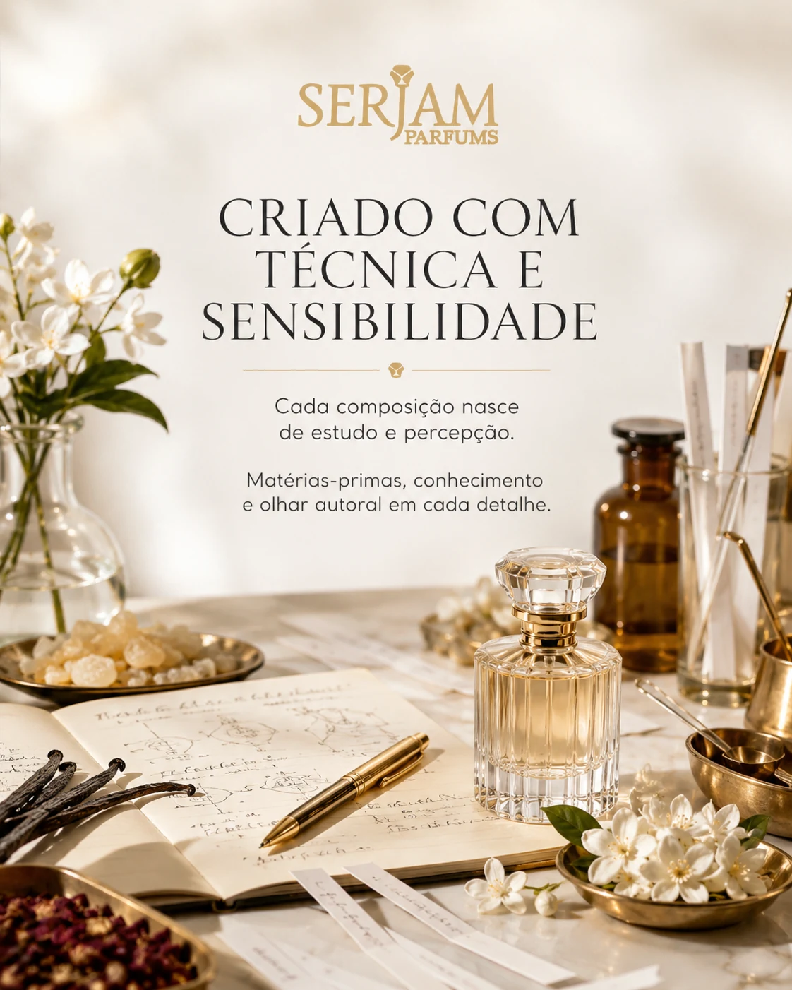 Bancada de criação com frasco, matérias-primas, caderno e instrumentos de perfumaria