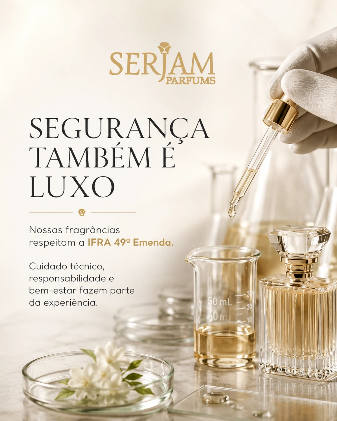 Pipeta e vidrarias em ambiente claro de laboratório de perfumaria