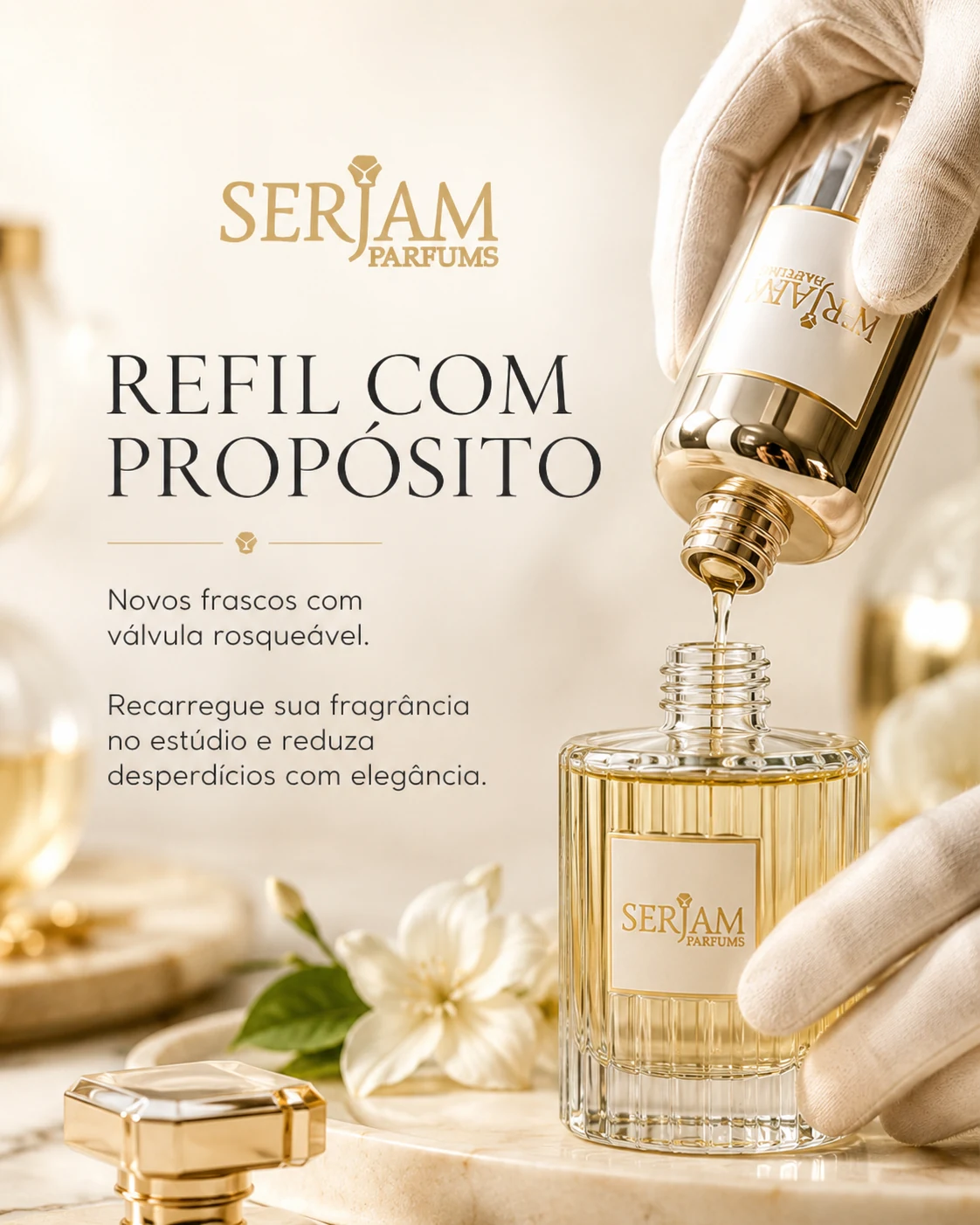 Refil de perfume SERJAM PARFUMS sendo aplicado em frasco recarregável
