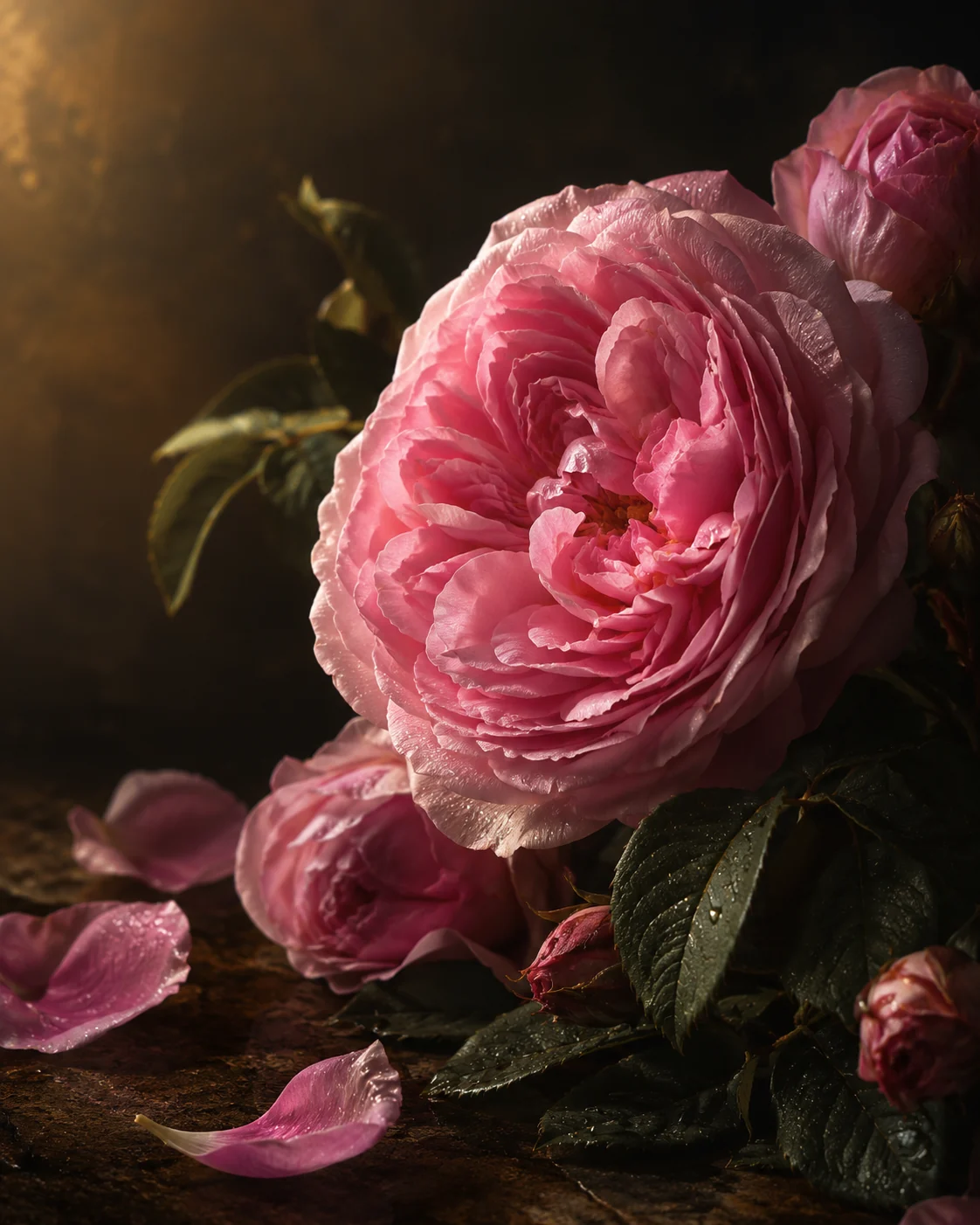 Rosa Centifólia em fotografia macro com iluminação quente e fundo escuro