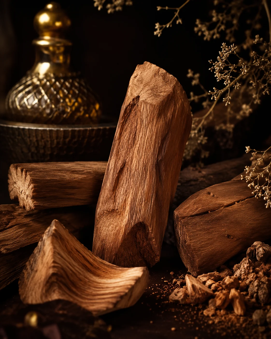 Madeira de sândalo em composição quente e rústica de perfumaria