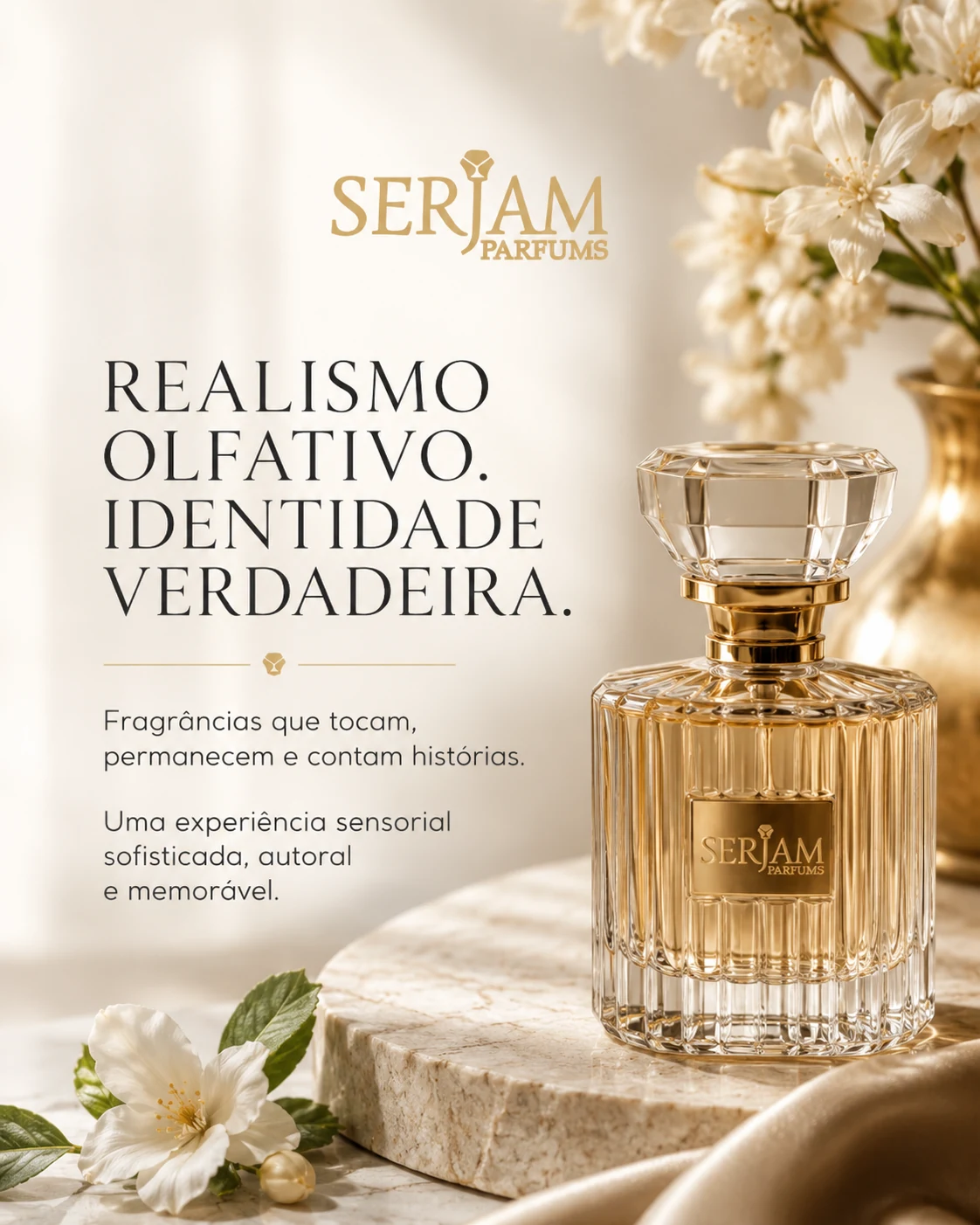 Frasco elegante SERJAM PARFUMS em cenário claro com flores